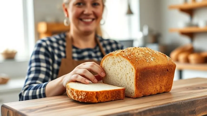 A professional, photorealistic image of a joyful baker, a woman in her 40s, proudly presenting a perfectly baked, moist loaf of coconut bread on a rustic wooden counter in a bright, clean bakery. The bread is sliced, revealing its soft, rich texture. 8K, cinematic lighting, sharp focus on the baker and bread, depth of field blurring the background, shot on a high-end DSLR, conveying success and satisfaction.
