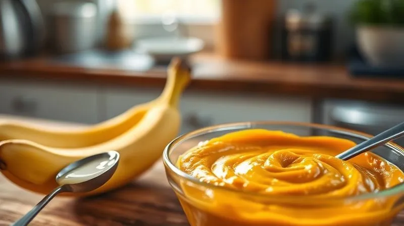 Photorealistic, professional photography, 8K, cinematic lighting, sharp focus on a bowl of creamy pumpkin puree next to a half-peeled banana and a measuring spoon with coconut oil, all bathed in soft, natural light, depth of field blurring a kitchen counter in the background. Shot on a high-end DSLR.