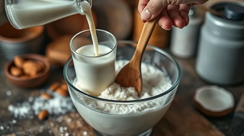 Photorealistic, professional photography, 8K, cinematic lighting, sharp focus on a glass of almond milk being poured into a mixing bowl with coconut flour, while a hand stirs the mixture with a wooden spoon, creating a creamy texture. Depth of field blurs a rustic kitchen background. Shot on a high-end DSLR.