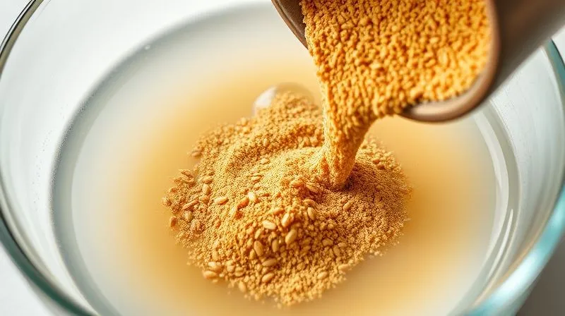 Photorealistic, professional photography, 8K, cinematic lighting, sharp focus, depth of field, shot on a high-end DSLR. Close-up of freshly ground golden flaxseeds being slowly poured into a bowl of warm water, creating a slight swirling motion. The texture of the ground flaxseeds is visible, indicating a fine powder. The scene is bright, clean, and emphasizes the careful preparation of ingredients.