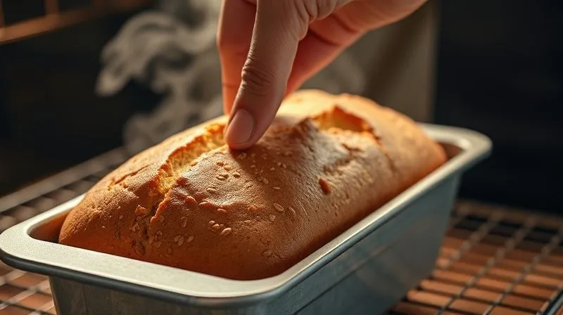 Photorealistic, professional photography, 8K, cinematic lighting, sharp focus, depth of field, shot on a high-end DSLR. A close-up of a hand gently pressing the top of a golden-brown flaxseed keto bread loaf fresh out of the oven, steam visibly rising. The bread is in a rustic metal loaf pan on a cooling rack. Soft, warm light illuminates the scene, emphasizing the texture and inviting aroma.