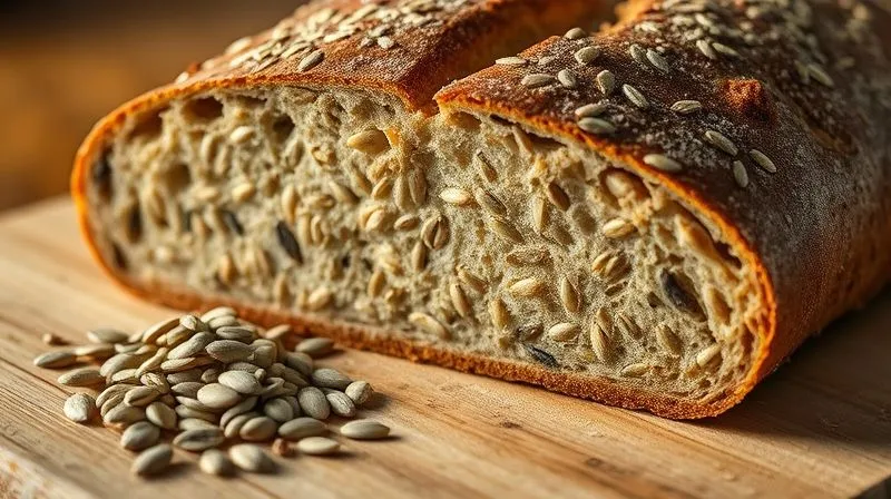 A close-up, photorealistic shot of a thick slice of artisanal "fit" bread with visible sunflower and pumpkin seeds, next to a small pile of loose seeds, all on a wooden cutting board. The lighting is warm and natural, emphasizing texture and detail. 8K, cinematic lighting, sharp focus on the bread, depth of field blurring the background, shot on a high-end DSLR.