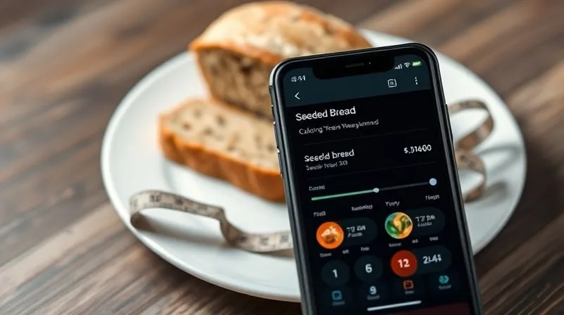 A professional, clean shot of a smartphone displaying a calorie-tracking app interface, with a food entry for 'seeded bread' and its nutritional breakdown. In the background, a small portion of actual seeded bread is visible on a plate with a measuring tape subtly placed beside it, symbolizing data and control. photorealistic, professional photography, 8K, cinematic lighting, sharp focus on the phone screen, depth of field blurring the background, shot on a high-end DSLR.