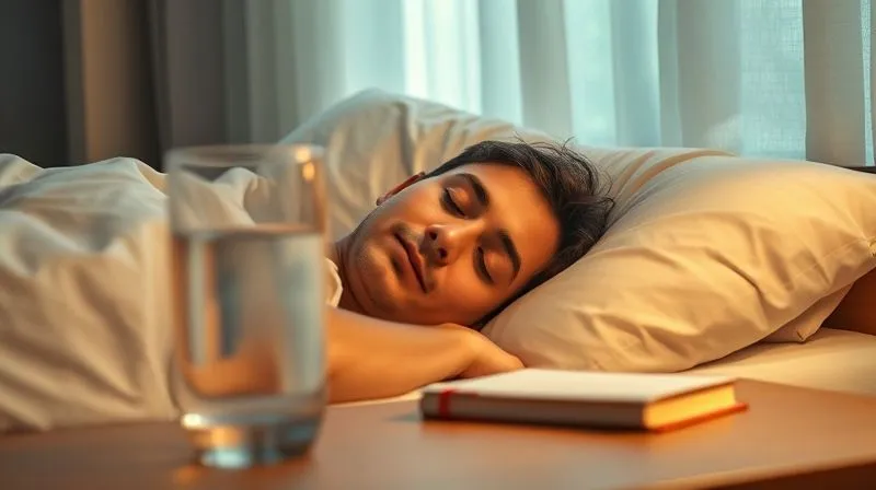 A serene, warm-toned photorealistic image of a person sleeping peacefully in a comfortable bed, with soft, natural light filtering through curtains. The focus is on the calm expression, conveying deep rest. In the foreground, slightly blurred, is a glass of water and a small journal on a bedside table, symbolizing healthy habits. 8K, cinematic lighting, sharp focus, depth of field, shot on a high-end DSLR, emotional resonance of tranquility and well-being.