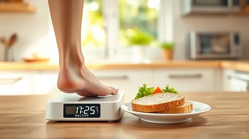 A vibrant, uplifting photorealistic image of a person confidently stepping onto a digital scale, which displays a healthy, positive number. In the background, a sunny kitchen counter features a perfectly portioned plate with a slice of seeded bread, fresh vegetables, and lean protein, symbolizing successful weight management. The person is smiling slightly, conveying a sense of achievement and well-being. 8K, cinematic lighting, sharp focus, depth of field, shot on a high-end DSLR, emotional resonance of success and empowerment.