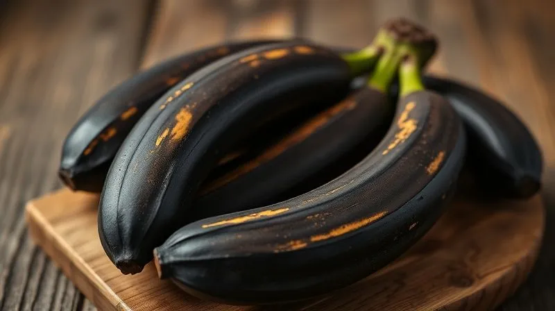 photorealistic, professional photography, 8K, cinematic lighting, sharp focus, depth of field, shot on a high-end DSLR, a close-up of very ripe, almost black bananas on a rustic wooden board, ready to be mashed, conveying the perfect stage for baking moist banana bread