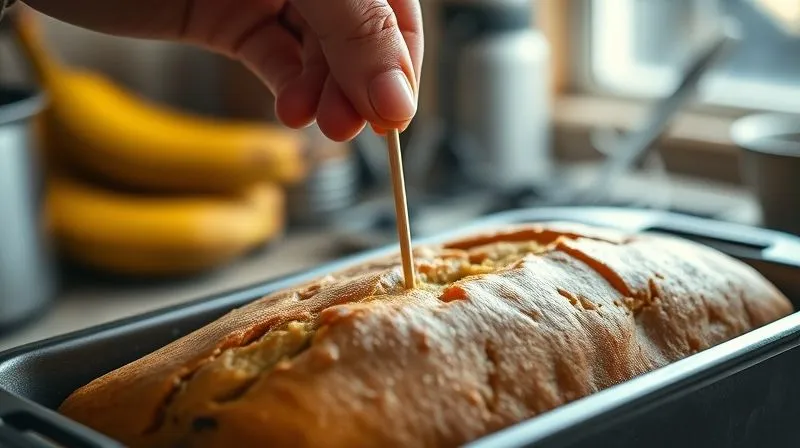 photorealistic, professional photography, 8K, cinematic lighting, sharp focus, depth of field, shot on a high-end DSLR, a hand carefully inserting a wooden toothpick into the center of a golden-brown banana bread in a loaf pan, steam gently rising, in a warm kitchen environment, conveying precision and care in baking