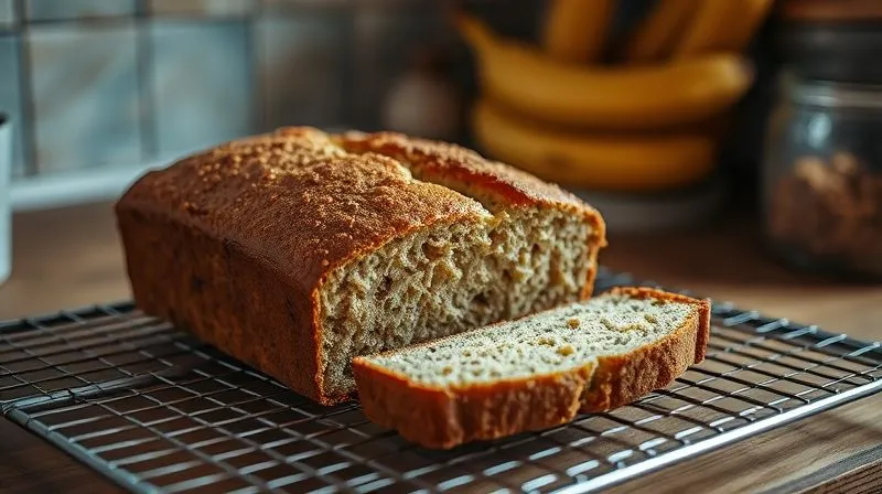 photorealistic, professional photography, 8K, cinematic lighting, sharp focus, depth of field, shot on a high-end DSLR, a perfectly baked, golden-brown loaf of banana bread cooling on a wire rack, with steam gently escaping, a slice removed revealing a moist, tender crumb, in a cozy kitchen setting, conveying comfort and deliciousness