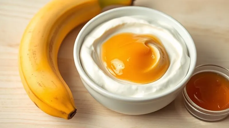 Photorealistic, professional photography, 8K, cinematic lighting, sharp focus, depth of field, shot on a high-end DSLR. A close-up shot of a bowl filled with creamy Greek yogurt, next to a perfectly ripe, mashed banana, and a small bowl of unsweetened apple sauce. The ingredients are arranged beautifully on a light wooden surface, suggesting healthy and moist additions to baking. Soft, natural light emphasizes their fresh textures.