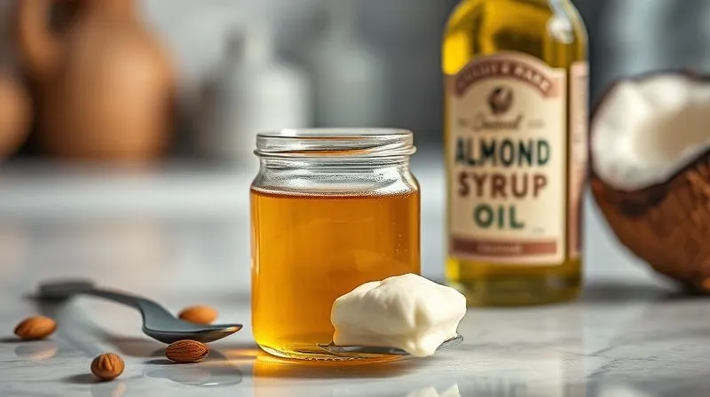Photorealistic, professional photography, 8K, cinematic lighting, sharp focus, depth of field, shot on a high-end DSLR. A close-up of a small glass jar of golden maple syrup, a spoon with creamy almond butter, and a bottle of coconut oil, artfully arranged on a minimalist kitchen counter. The light catches the liquid textures, highlighting their richness and potential to add moisture to healthy baking. The background is softly blurred.