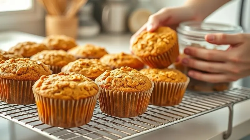 Photorealistic, professional photography, 8K, cinematic lighting, sharp focus, depth of field, shot on a high-end DSLR. A cooling rack filled with freshly baked, golden-brown oatmeal muffins, steam subtly rising from them. In the background, a person's hands are carefully placing one muffin into an airtight glass container, suggesting proper storage. The setting is a clean, modern kitchen with soft, diffused light.