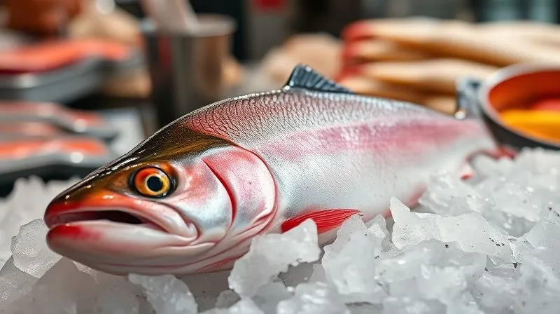 Photorealistic image of a fresh, raw trout fillet on crushed ice in a professional fish market setting, bright natural light, sharp focus on the scales and flesh, 8K, cinematic lighting, depth of field, shot on a high-end DSLR.