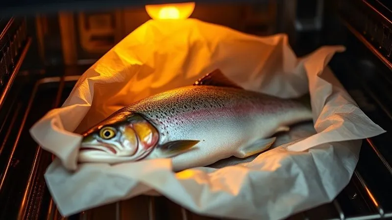 Photorealistic close-up of a trout fillet baking in parchment paper (en papillote) in an oven, steam visible, warm golden light, sharp focus on the fish, 8K, cinematic lighting, depth of field, shot on a high-end DSLR.