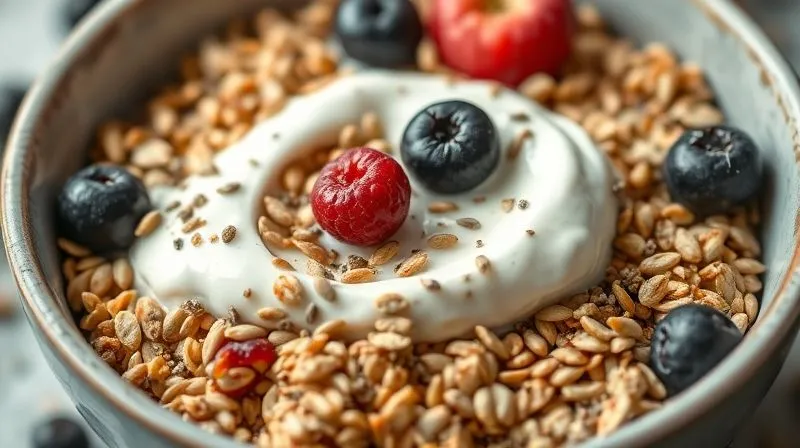 A close-up, photorealistic shot of a bowl of homemade muesli, rich with creamy Greek yogurt, various seeds (chia, flax), and berries. The lighting is soft and natural, emphasizing texture and freshness, professional photography, 8K, cinematic lighting, sharp focus, depth of field, shot on a high-end DSLR.