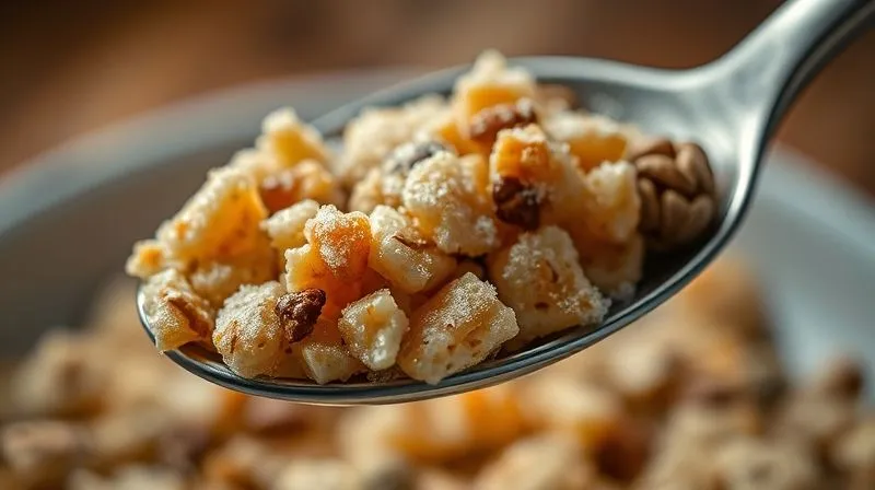 A dramatic, photorealistic close-up of a spoonful of muesli, with tiny, sparkling sugar crystals subtly highlighted, symbolizing hidden sugars. The background is slightly blurred, focusing on the deceptive sweetness, professional photography, 8K, cinematic lighting, sharp focus, depth of field, shot on a high-end DSLR.