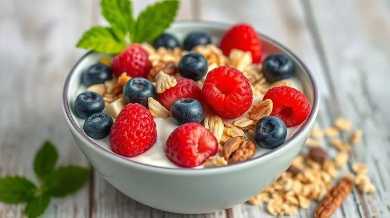 A vibrant, artfully arranged bowl of "Super Start" muesli, featuring visible layers of creamy yogurt, plump berries, crunchy nuts, and golden oats. The composition is appealing and fresh, professional photography, 8K, cinematic lighting, sharp focus, depth of field, shot on a high-end DSLR.