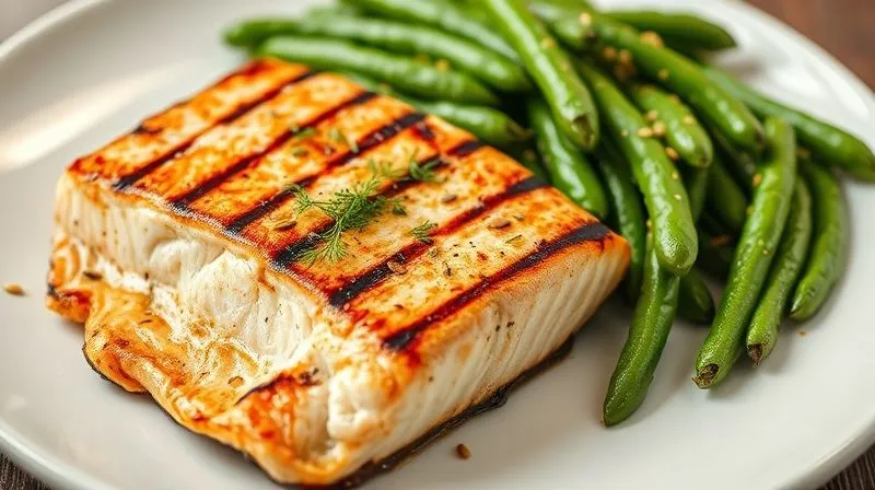 photorealistic, professional photography, 8K, cinematic lighting, sharp focus, depth of field, shot on a high-end DSLR: A perfectly grilled salmon fillet served alongside vibrant green beans lightly tossed with fresh dill and a sprinkle of toasted sesame seeds, on a modern white plate, emphasizing a healthy and satisfying dinner.
