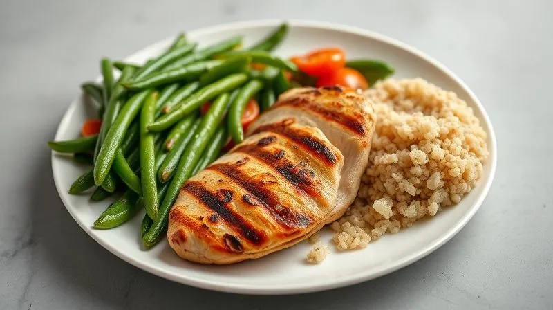 photorealistic, professional photography, 8K, cinematic lighting, sharp focus, depth of field, shot on a high-end DSLR: A perfectly balanced dinner plate divided into sections, showing a large portion of vibrant green beans and mixed vegetables, a generous portion of grilled chicken breast, and a small, artfully arranged portion of quinoa, all beautifully plated to emphasize health and satiety.