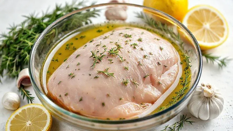 photorealistic, professional photography, 8K, cinematic lighting, sharp focus, depth of field, shot on a high-end DSLR, a raw turkey breast fillet marinating in a clear glass bowl with a vibrant, fresh herb and lemon marinade, surrounded by fresh ingredients like thyme, rosemary, garlic, and sliced lemons. The scene is bright and clean, emphasizing freshness and preparation, with subtle steam or condensation on the bowl.