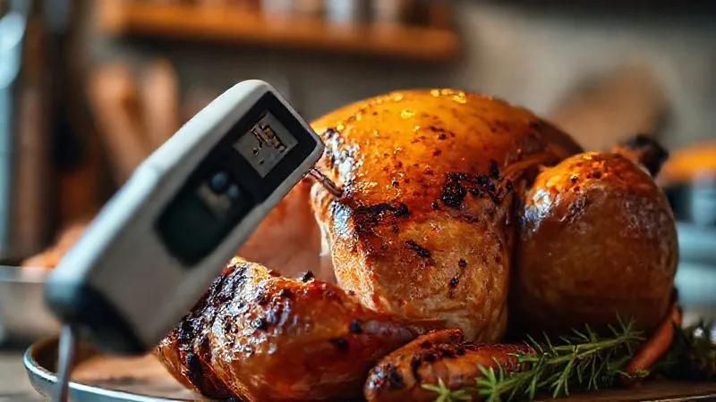 photorealistic, professional photography, 8K, cinematic lighting, sharp focus, depth of field, shot on a high-end DSLR, a close-up of a digital meat thermometer accurately inserted into a roasted turkey breast, displaying a perfect internal temperature reading. The background is a gently blurred, warm kitchen setting, highlighting precision and control in cooking.