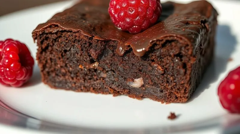 Photorealistic close-up of a perfectly moist, dark chocolate millet brownie, showing a rich, slightly gooey interior, with a single, shiny raspberry on top. The brownie is on a pristine white plate, with soft, natural light highlighting its texture. 8K, cinematic lighting, sharp focus, depth of field, shot on a high-end DSLR.