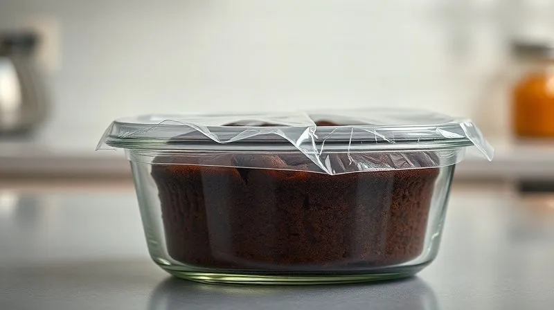 A professional photography shot of a perfectly cooled, dark millet brownie, covered with a transparent cling film, placed inside an airtight glass container on a clean kitchen counter. The lighting is soft and natural, emphasizing the concept of freshness and proper storage. 8K, cinematic lighting, sharp focus, depth of field, shot on a high-end DSLR.