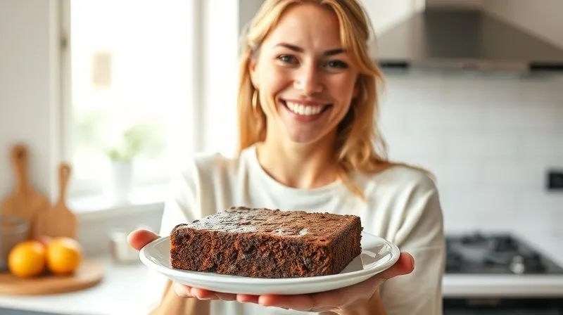 A happy woman, Ania, 30s, with a radiant smile, holding a plate with a perfectly moist and rich millet brownie, freshly baked. She is in a bright, modern kitchen, with soft natural light illuminating her and the dessert. The image conveys joy and success in healthy baking. Photorealistic, professional photography, 8K, cinematic lighting, sharp focus, depth of field, shot on a high-end DSLR.