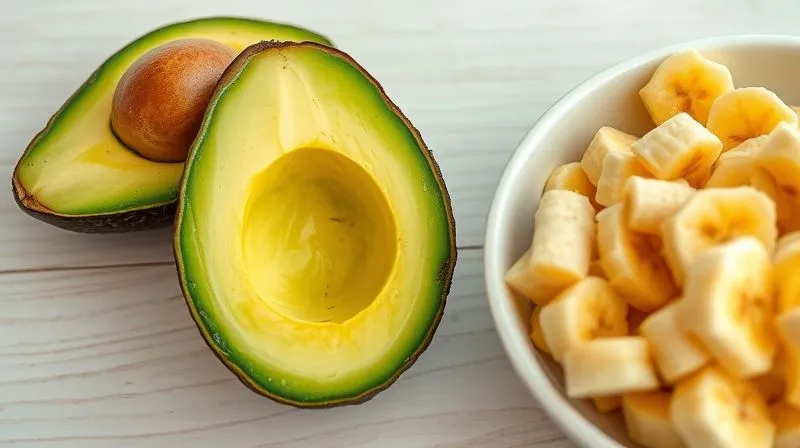 A professional photography shot of a perfectly ripe avocado, sliced open to reveal its creamy green flesh, next to a bowl of mashed ripe bananas. The scene is set on a light wooden background, with soft, natural light, emphasizing freshness and natural ingredients. 8K, cinematic lighting, sharp focus, depth of field, shot on a high-end DSLR.
