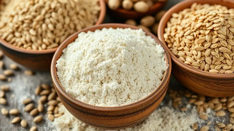 Photorealistic, professional photography, 8K, cinematic lighting, a close-up of different types of flour (whole wheat, rye, oat) in rustic bowls, with sunflower seeds scattered around, sharp focus, depth of field, shot on a high-end DSLR, emphasizing natural ingredients.