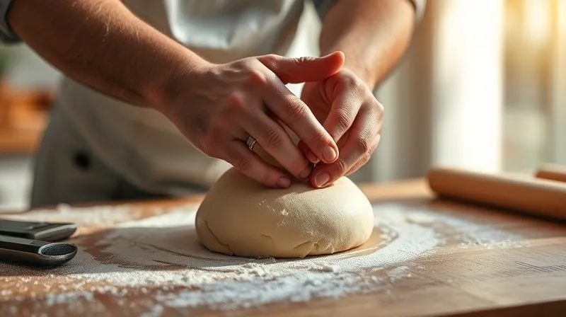 Photorealistic, professional photography, 8K, cinematic lighting, a skilled baker's hands gently kneading a dough on a floured wooden surface, sunlight streaming from a window, sharp focus on the hands and dough, depth of field blurring the background, shot on a high-end DSLR, conveying expertise and care.