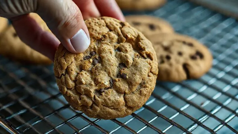 Photorealistic image of a sad, crumbly, dry fit cookie on a cooling rack, looking unappetizing, with a disappointed hand reaching for it. Cinematic lighting, sharp focus, depth of field, 8K.