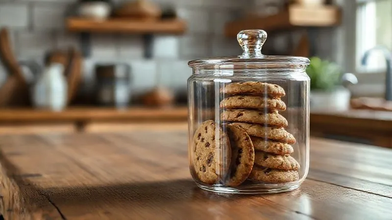 Photorealistic image of perfectly baked fit cookies stored neatly in an airtight glass container on a rustic wooden kitchen counter, with soft, natural light. Professional photography, 8K, sharp focus, depth of field.