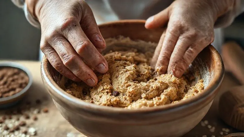 A professional, photorealistic close-up of a baker's hands gently mixing healthy cookie dough in a ceramic bowl, ingredients like oats and nuts visible. Soft, warm lighting, evoking a sense of care and craftsmanship. Shot on a high-end DSLR, 8K, sharp focus, depth of field.