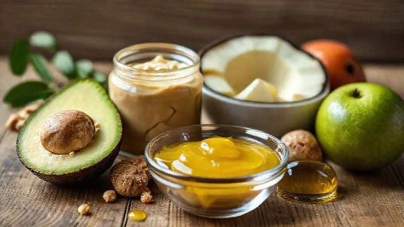 A close-up, photorealistic image of various healthy fats and moistening ingredients for baking, such as a jar of natural peanut butter, ripe avocado halves, a bowl of apple puree, and a small amount of coconut oil, arranged aesthetically on a wooden surface with soft, natural light. Professional photography, 8K, cinematic lighting, sharp focus, depth of field, shot on a high-end DSLR.
