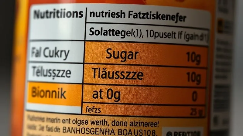 Close-up, professional photography of a food label with highlighted sections for sugar, fat, and fiber content per serving, emphasizing the nutritional facts. The label is sharp, in focus, with a slight depth of field blurring the background. Shot on a high-end DSLR, 8K, cinematic lighting, professional studio setting. The highlighted text is in Polish, showing 'Cukry', 'T?uszcze', 'B?onnik'.