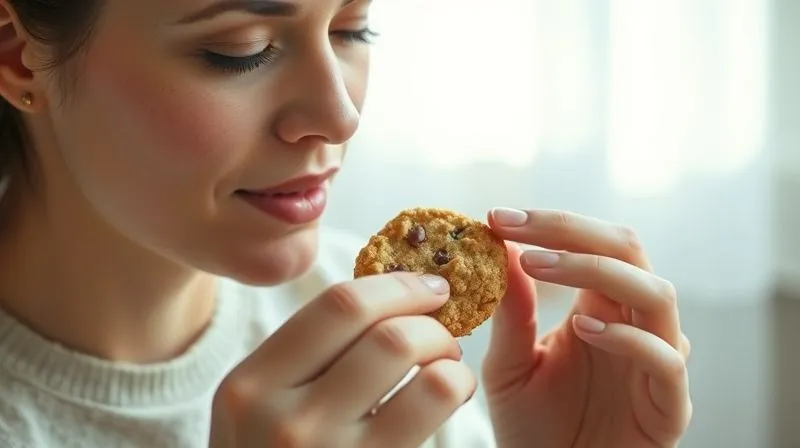 A person mindfully eating a small, healthy oatmeal cookie, holding it delicately, eyes closed in enjoyment and concentration. Soft, warm natural light highlights the details of the cookie and the person's serene expression. The background is softly blurred, suggesting a calm, personal moment. Shot on a high-end DSLR, 8K, cinematic lighting, sharp focus, depth of field.