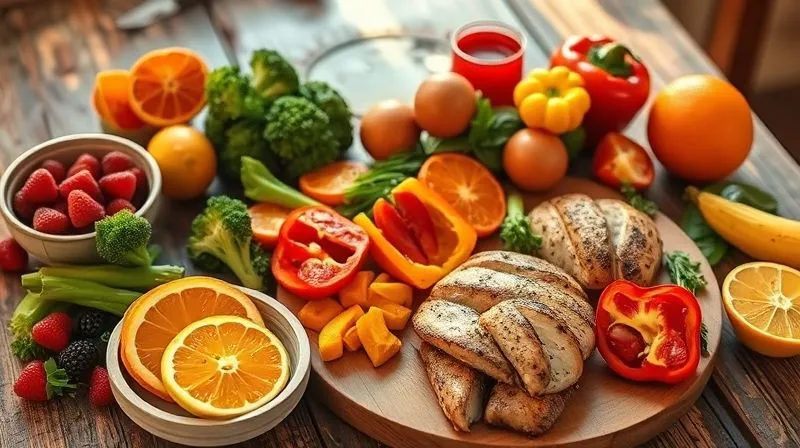 A vibrant, balanced meal spread on a rustic wooden table, including fresh fruits (berries, sliced oranges), colorful vegetables (broccoli, bell peppers), lean protein (grilled chicken or fish), and a small, healthy dessert (like a single, small oatmeal cookie). The scene is bathed in warm, natural light, emphasizing freshness and abundance. Shot on a high-end DSLR, 8K, cinematic lighting, sharp focus, depth of field. The composition evokes health and well-being.