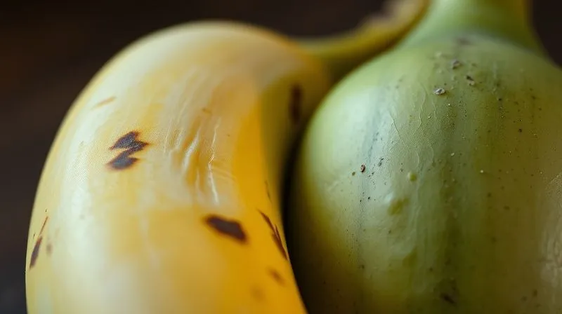 A close-up of a perfectly ripe, spotty banana next to an underripe green one, with a focus on the contrast of their readiness for baking, cinematic lighting