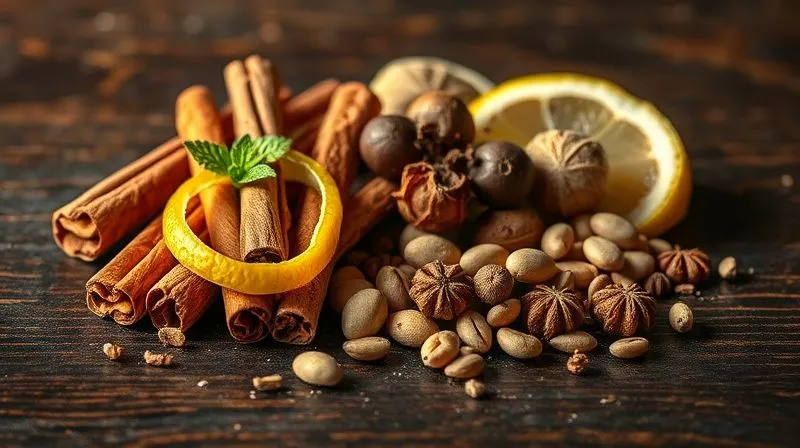A vibrant, photorealistic still life of various aromatic spices: cinnamon sticks, whole cloves, nutmeg, vanilla beans, and a lemon zest curl, arranged artfully on a dark wooden surface, with soft, directional lighting highlighting their textures. 8K hyper-detailed.