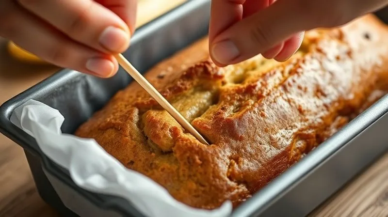 A professional shot of a hand gently inserting a wooden skewer into a golden-brown banana bread loaf in a baking pan, checking for doneness, with soft, natural light illuminating the scene, sharp focus