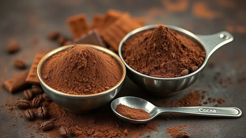 photorealistic, professional photography, 8K, cinematic lighting, sharp focus, depth of field, shot on a high-end DSLR, a close-up of different types of cocoa powder in small, elegant bowls, labeled 'low-fat cocoa' and 'high-fat cocoa', with measuring spoons beside them, illustrating the subtle differences in texture and color.