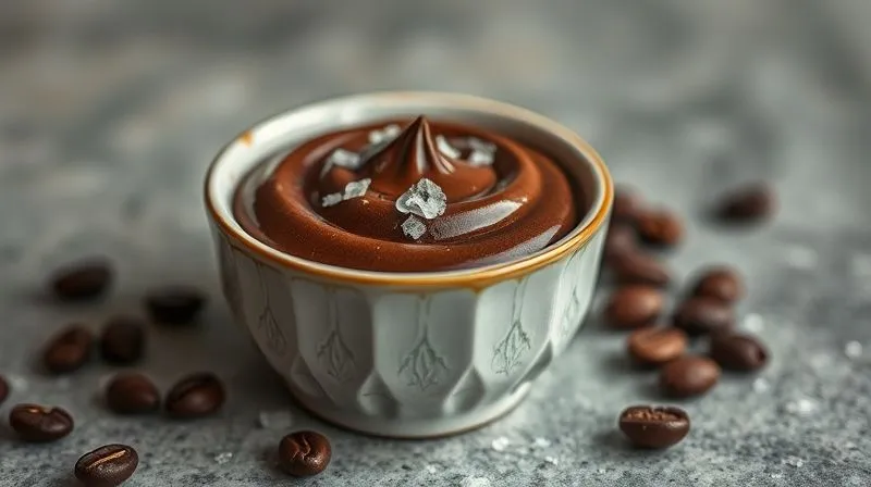 photorealistic, professional photography, 8K, cinematic lighting, sharp focus, depth of field, shot on a high-end DSLR, a small elegant ceramic bowl of rich, dark chocolate cream, with a delicate sprinkle of sea salt flakes and a few coffee beans scattered around, emphasizing the enhancement of flavor. The background is softly blurred, highlighting the dessert.