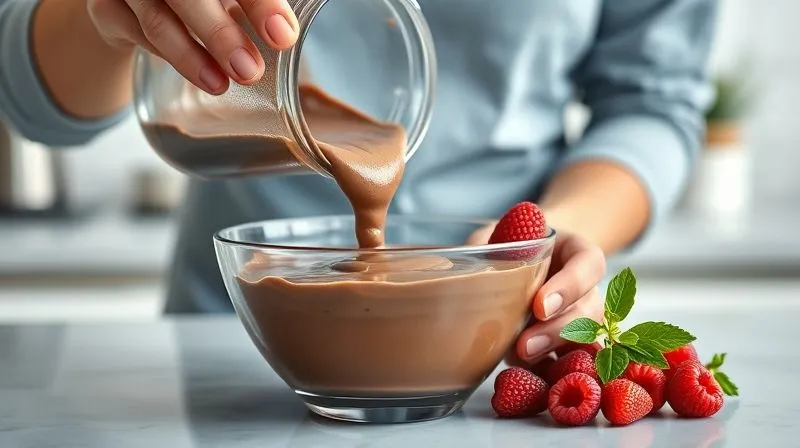 photorealistic, professional photography, 8K, cinematic lighting, sharp focus, depth of field, shot on a high-end DSLR, a person's hands gently pouring a perfectly smooth, glossy fit chocolate cream from a blender into an elegant glass serving bowl, with fresh raspberries and mint leaves on the side, indicating a delicious and healthy dessert. The kitchen background is bright and clean.