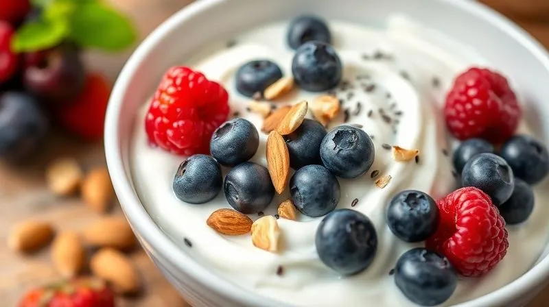 A photorealistic, professional photography, 8K, cinematic lighting, sharp focus, depth of field, shot on a high-end DSLR, of a vibrant, appealing bowl of Greek yogurt topped generously with fresh berries (blueberries, raspberries), a sprinkle of chia seeds, and a handful of chopped almonds. The focus is on the rich texture and diverse, healthy ingredients, emphasizing satiety and nutritional value. Natural light illuminates the scene, highlighting the freshness of the food.