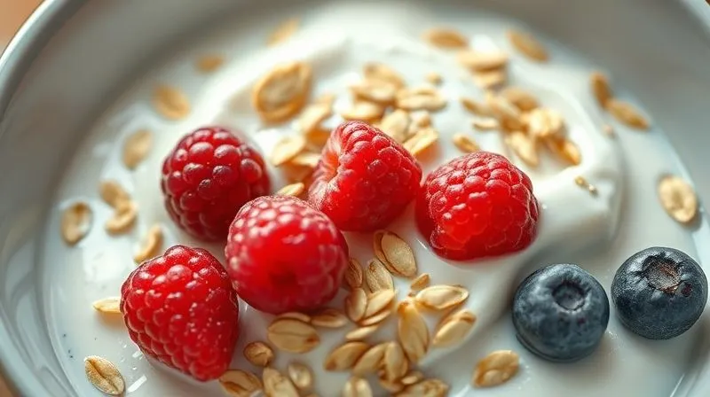 A photorealistic, professional photography, 8K, cinematic lighting, sharp focus, depth of field, shot on a high-end DSLR, of a close-up on a bowl of low-fat natural yogurt generously mixed with various fiber-rich ingredients: colorful fresh berries, rolled oats, and a sprinkle of ground flax seeds. The texture is inviting and wholesome, with gentle, cinematic lighting highlighting the natural colors and freshness of the ingredients.