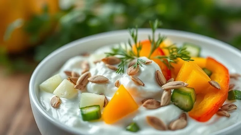 A photorealistic, professional photography, 8K, cinematic lighting, sharp focus, depth of field, shot on a high-end DSLR, of a beautifully arranged bowl of savory low-fat Greek yogurt. It's topped with diced fresh cucumber, colorful bell peppers, a generous sprinkle of fresh dill, and perfectly toasted pumpkin seeds. Soft, natural light highlights the freshness and appealing textures, making it look both healthy and satisfying.
