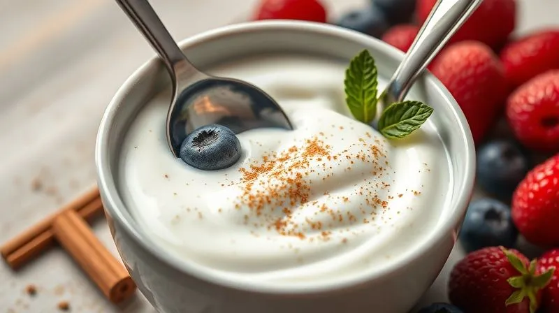 Photorealistic close-up of a bowl of natural protein yogurt with a measuring spoon, next to a small pile of colorful fresh berries and a sprinkle of cinnamon, cinematic lighting, sharp focus, 8K hyper-detailed, shot on a high-end DSLR.