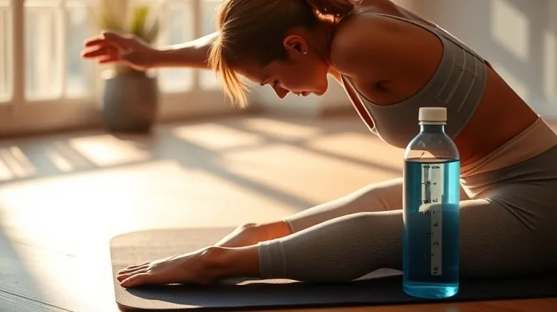 Photorealistic image of a person stretching after a workout, bathed in soft morning light, with a yoga mat and a water bottle nearby, conveying a sense of calm and well-being, sharp focus, depth of field, 8K hyper-detailed, shot on a high-end DSLR.