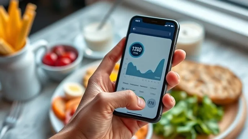 Photorealistic image of a hand holding a smartphone displaying a fitness tracking app with graphs showing progress, with a blurred background of a healthy breakfast, cinematic lighting, sharp focus, 8K hyper-detailed, shot on a high-end DSLR.