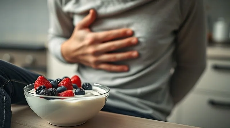 A photorealistic, professional photography image of a person gently holding their stomach with a slight look of discomfort, sitting beside a bowl of protein yogurt with berries. The scene should evoke a sense of quiet introspection and slight unease, but with a subtle hint of relief or solution on the horizon. Soft, cinematic lighting, sharp focus on the person and the yogurt, depth of field blurring a clean, minimalist kitchen background. 8K hyper-detailed, shot on a high-end DSLR.